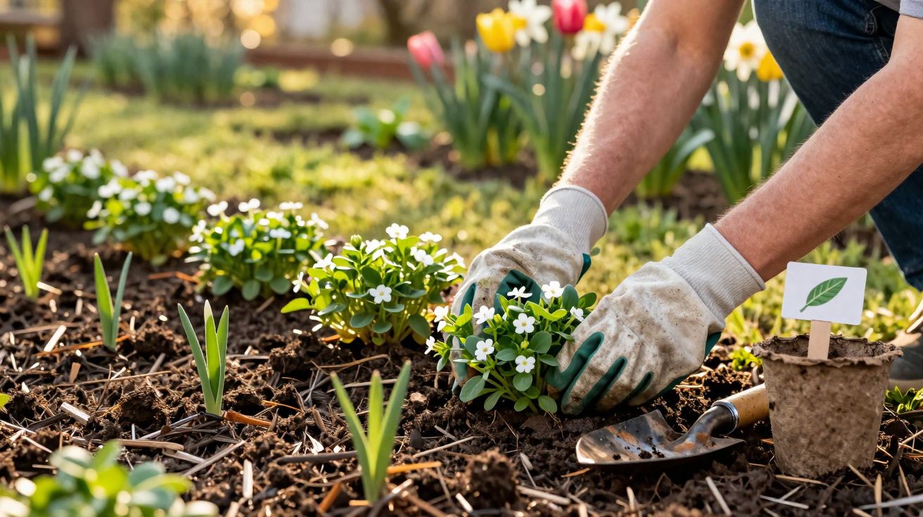 Pessoa a plantar flores brancas num jardim com luvas e ferramenta de horticultura.