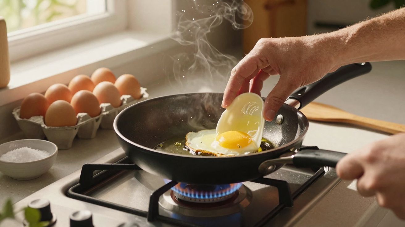 Mãos a cozinhar um ovo estrelado numa frigideira ao fogão, com ovos e sal na bancada da cozinha.
