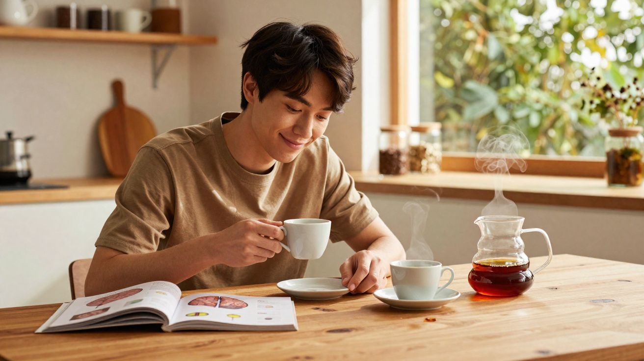 Homem sentado à mesa a ler um livro enquanto bebe café quente numa cozinha iluminada pela luz natural.