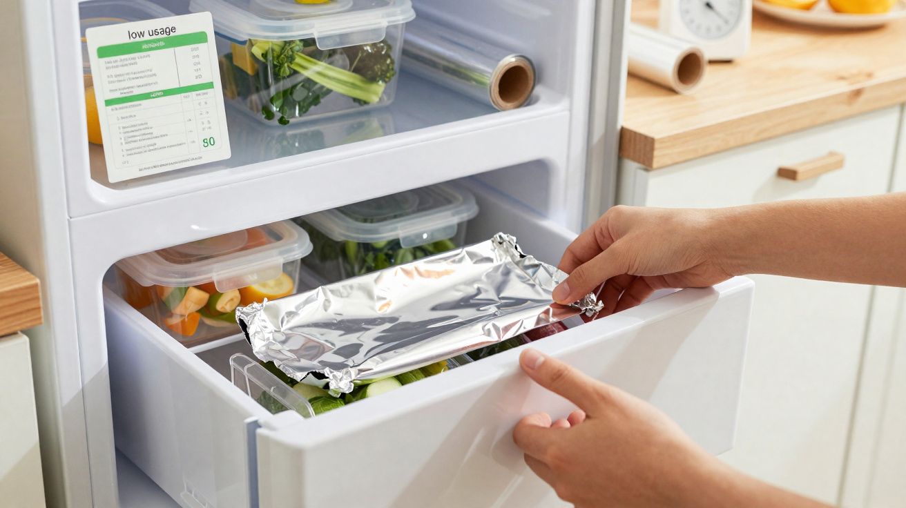 Mãos a fechar gaveta de frigorífico com legumes frescos em recipientes e papel alumínio.