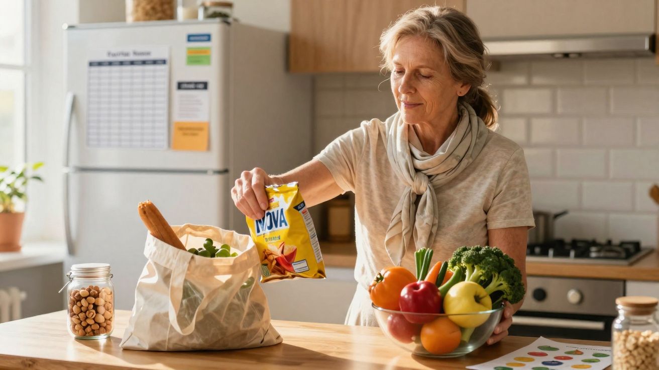 Mulher madura arruma legumes numa cozinha iluminada, com sacola ecológica e alimentos naturais sobre a mesa.