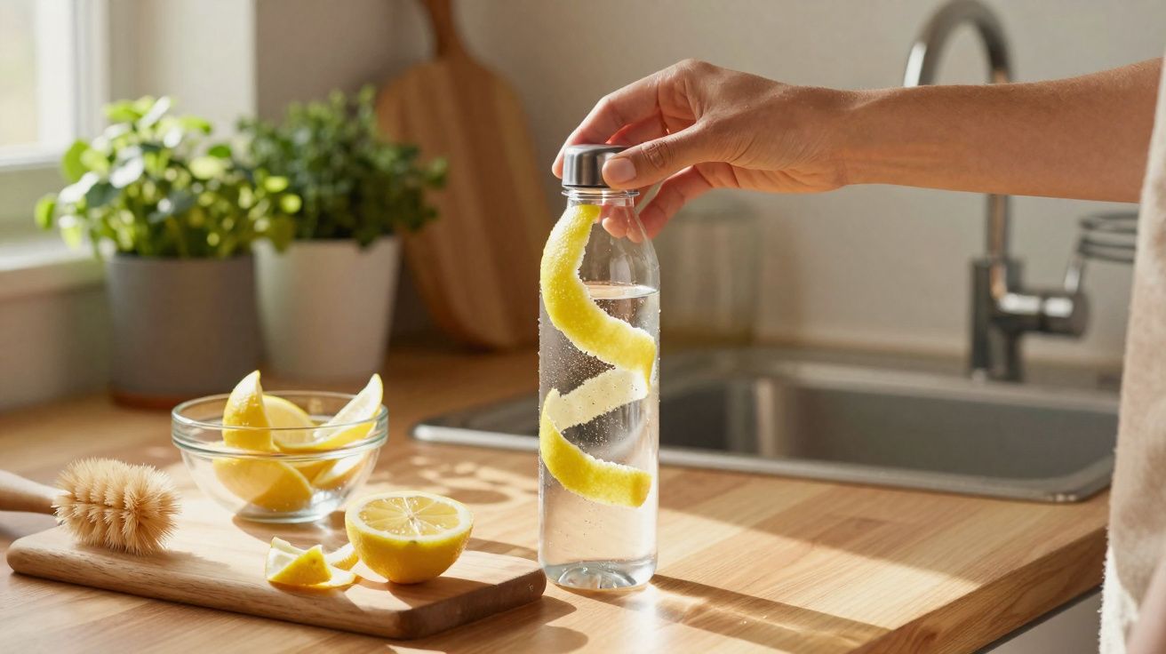 Pessoa a colocar a tampa numa garrafa com água e casca de limão num ambiente de cozinha iluminado.