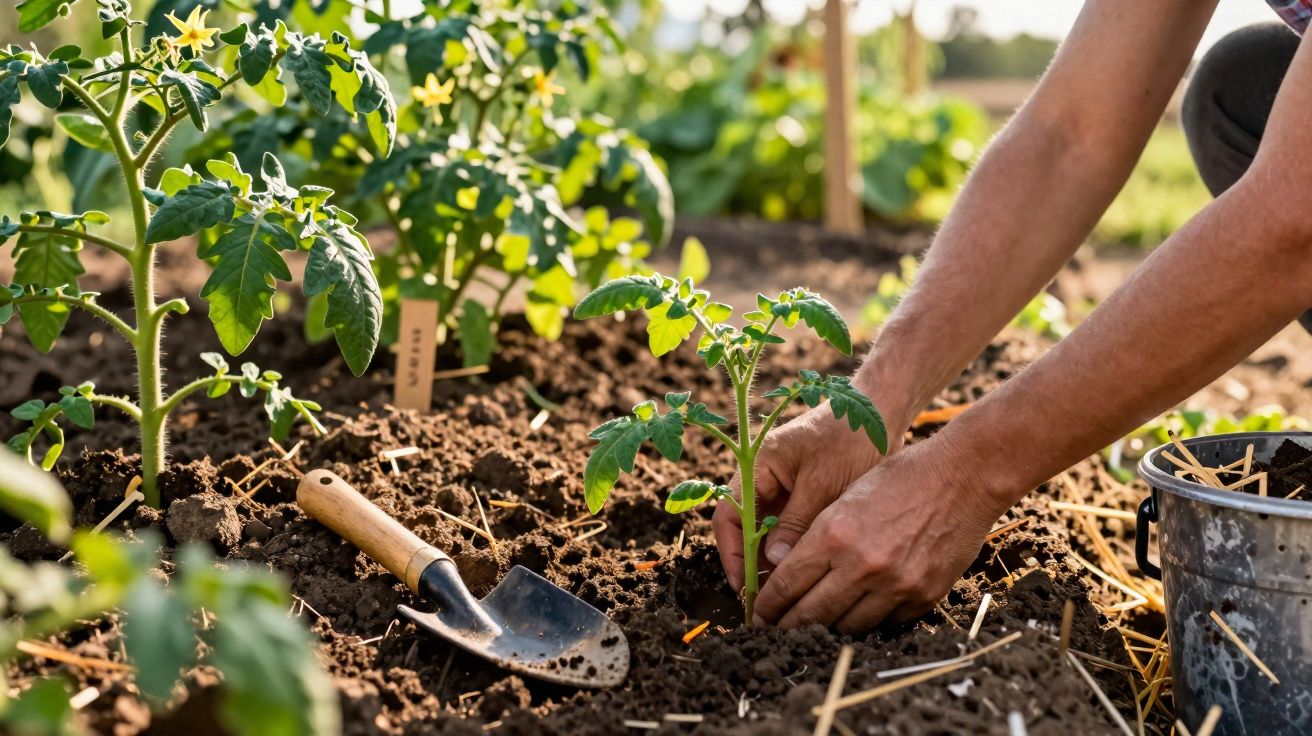 Mãos a plantar uma muda de tomate numa horta com terra lavrada e uma pequena pá de jardim.