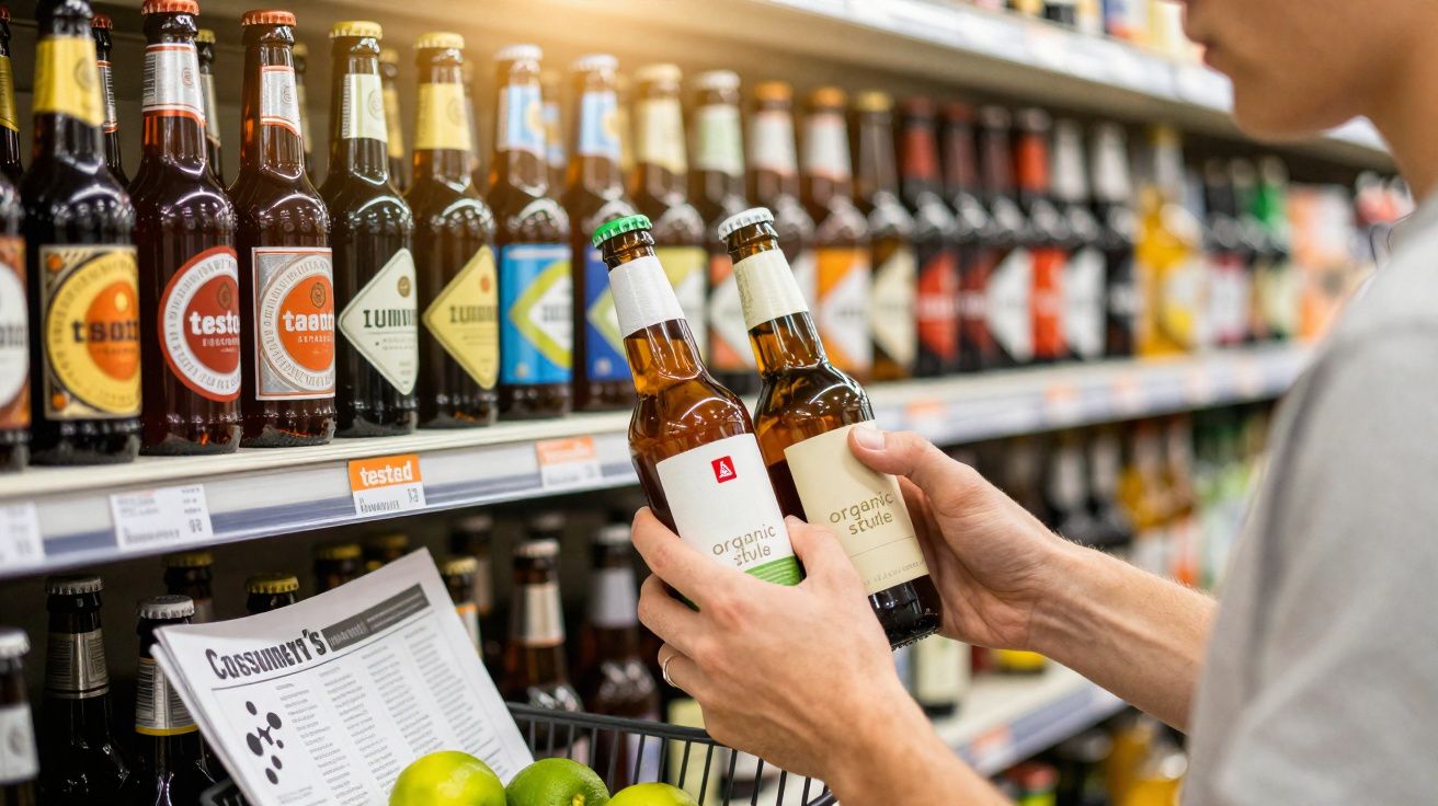 Pessoa a escolher entre duas cervejas orgânicas numa prateleira de supermercado com várias garrafas coloridas.