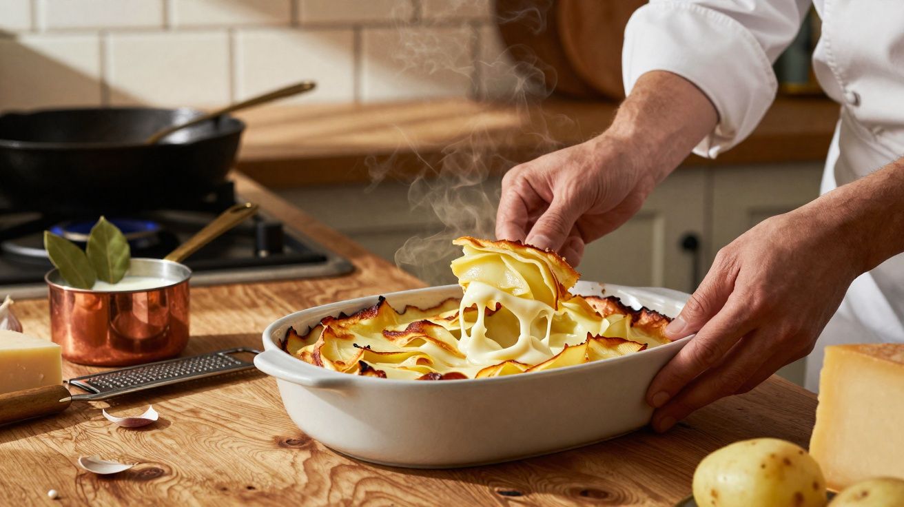 Pessoa a servir uma lasanha de batata quente e fumegante numa travessa branca na cozinha.