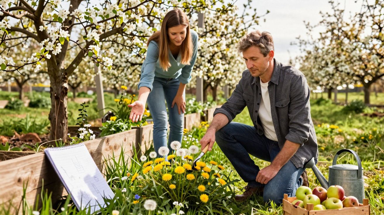 Homem e mulher a cuidar de flores e plantas numa horta com árvores em flor ao fundo.