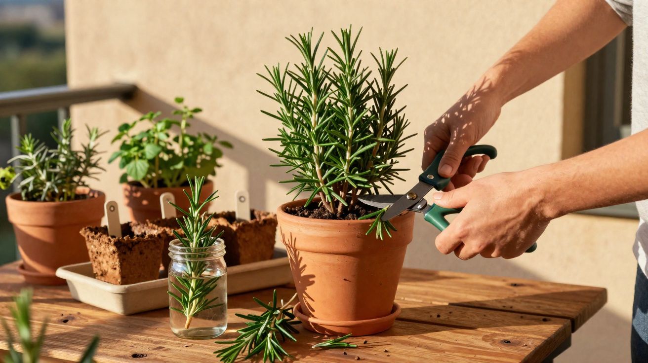 Pessoa a podar planta de alecrim num vaso de barro numa mesa de madeira ao ar livre.