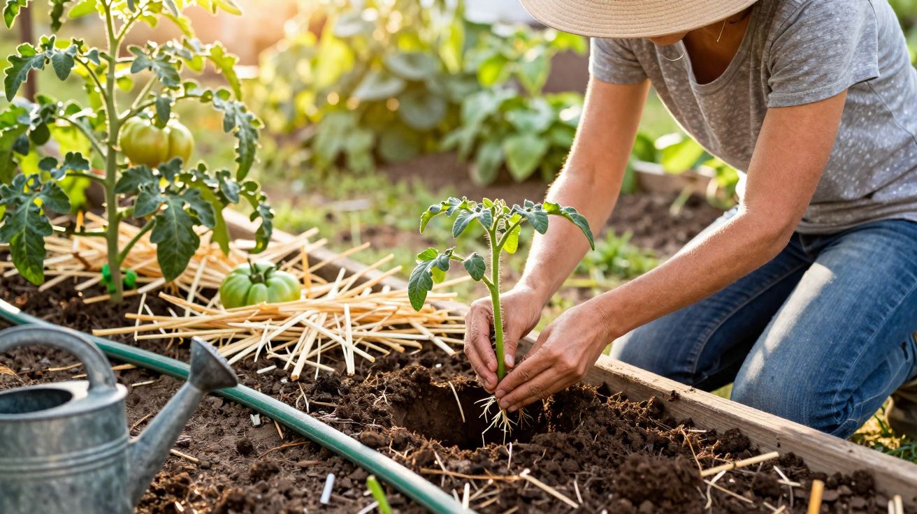 Pessoa a plantar muda de tomateiro num canteiro de jardim, com regador e rega gota a gota visíveis.