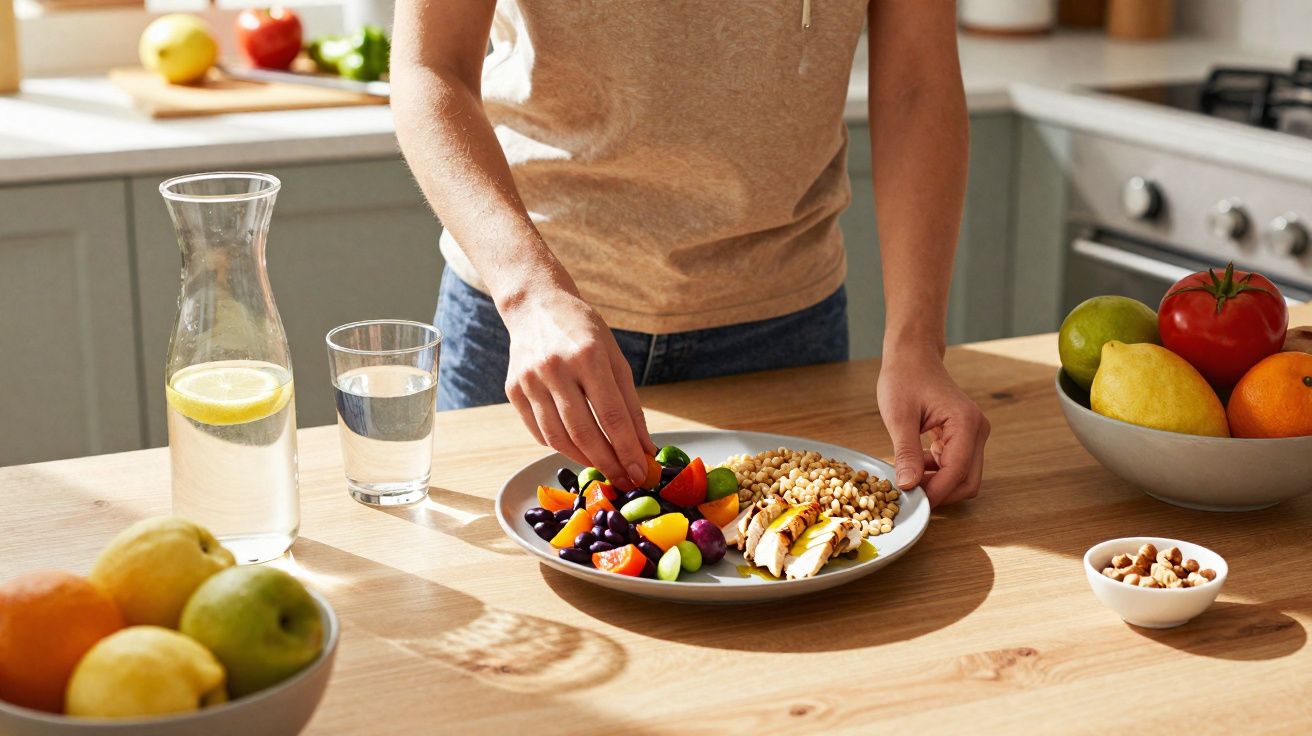 Pessoa a preparar uma refeição saudável com salada, frango grelhado e cereais numa cozinha iluminada.