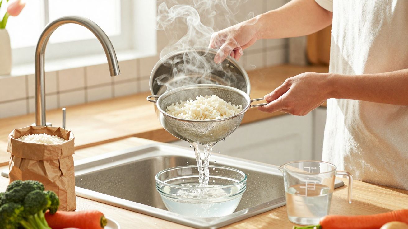Pessoa escorre arroz quente em coador sobre taça na cozinha, com legumes e medidor de água na bancada.