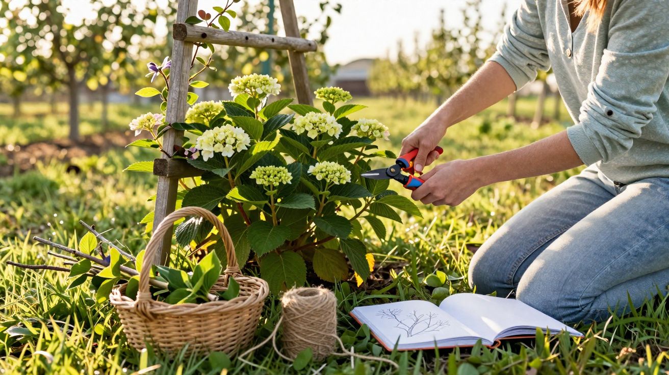 Pessoa a podar flores brancas num jardim, com cesta e livro de plantas no chão.