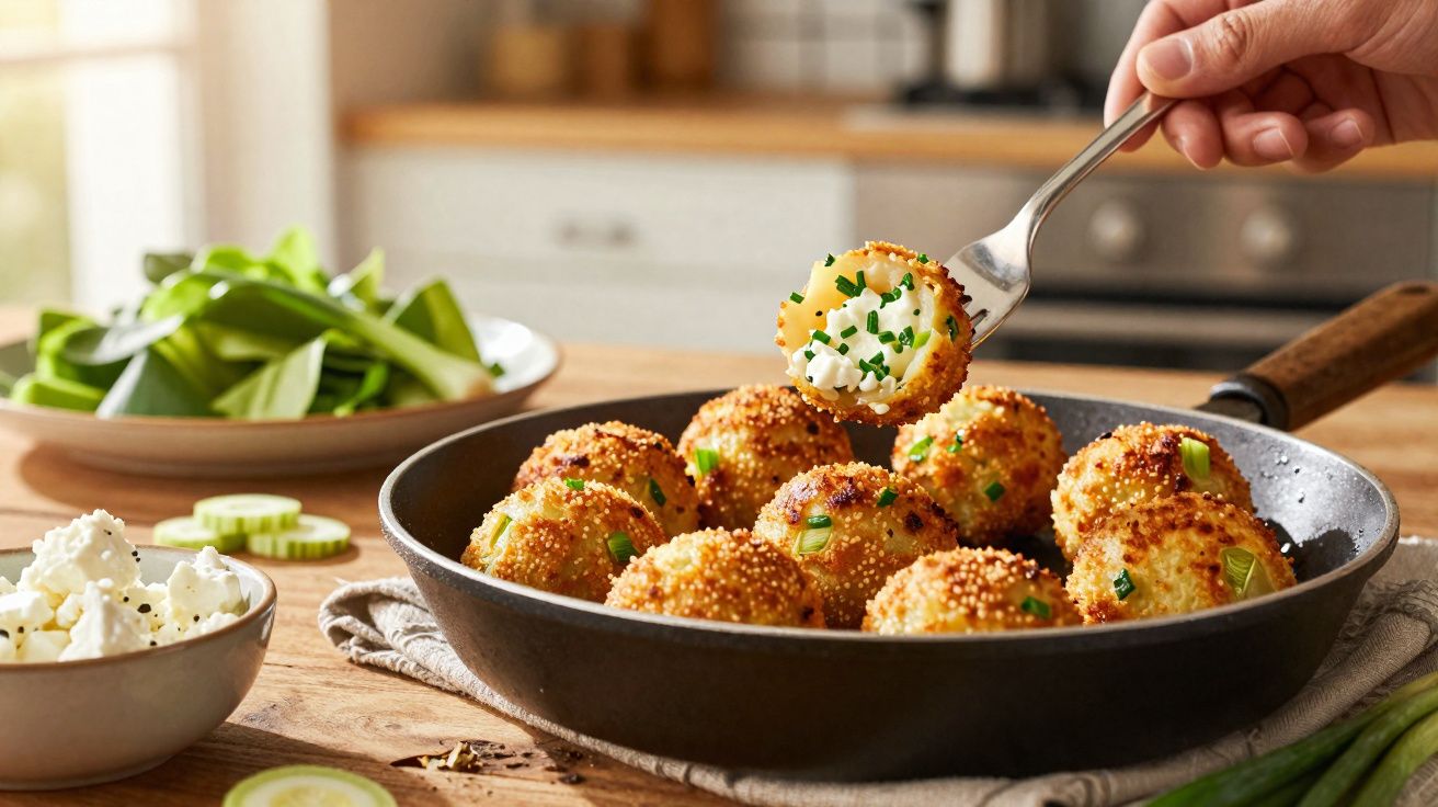 Mãos seguram garfo com bolinhos de arroz crocantes numa frigideira, acompanhados de queijo e vegetais.