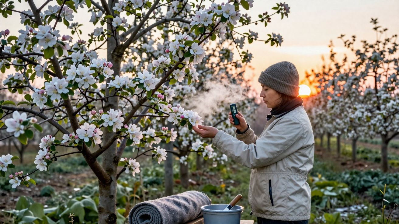 Pessoa a medir temperatura da flor num pomar florido ao pôr do sol, vestida com casaco e gorro.