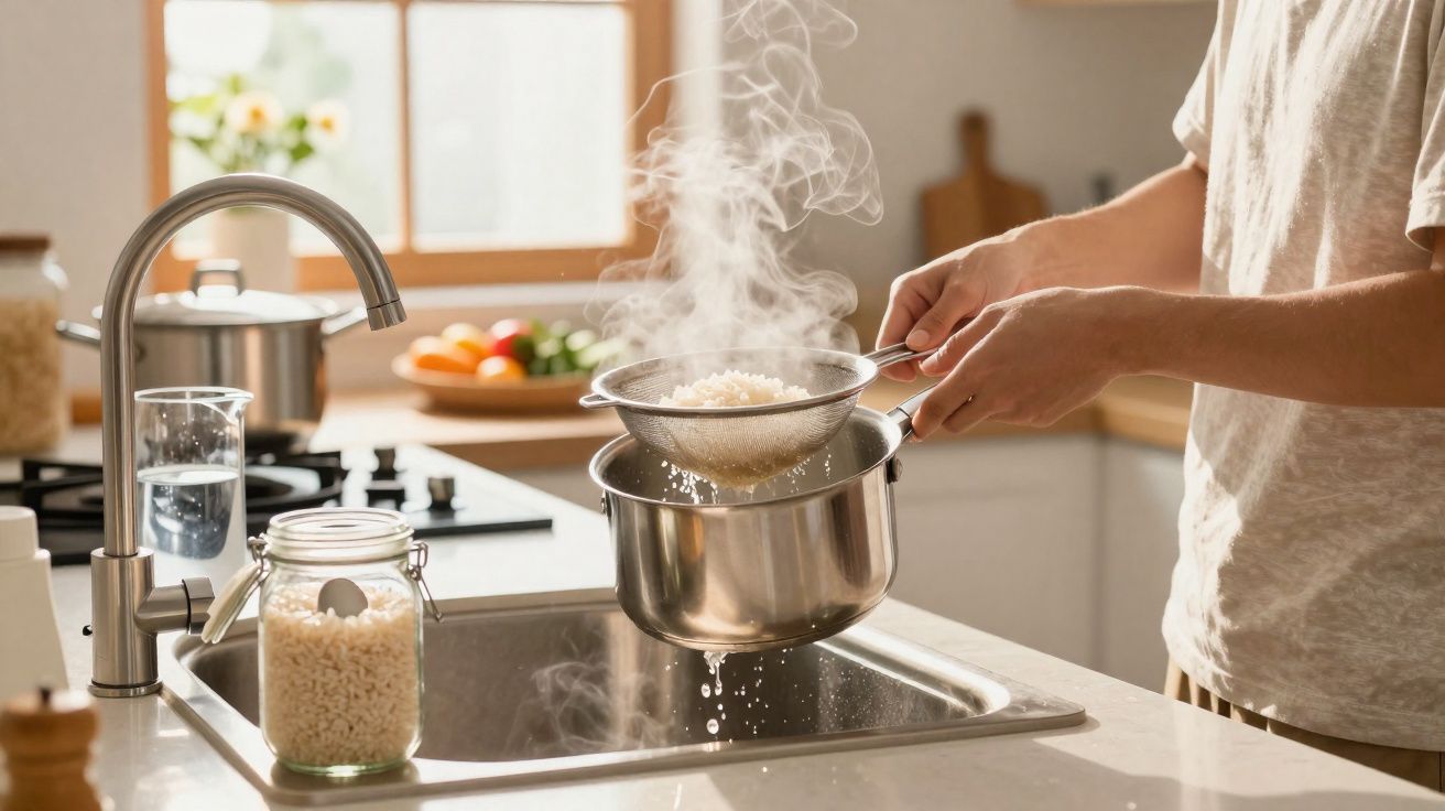 Pessoa a escorrer arroz cozido quente num escorredor de malha sobre uma panela na cozinha moderna.