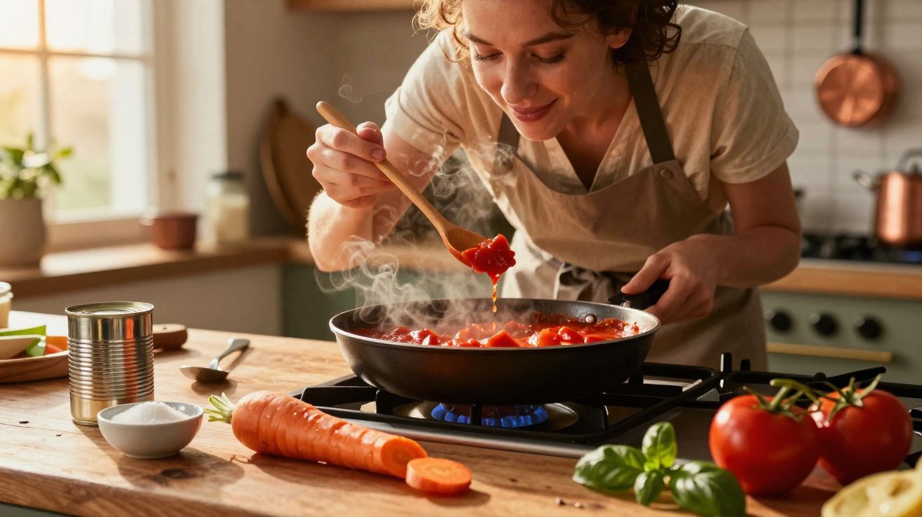 Mulher a cozinhar molho de tomate numa frigideira numa cozinha com legumes frescos na bancada.