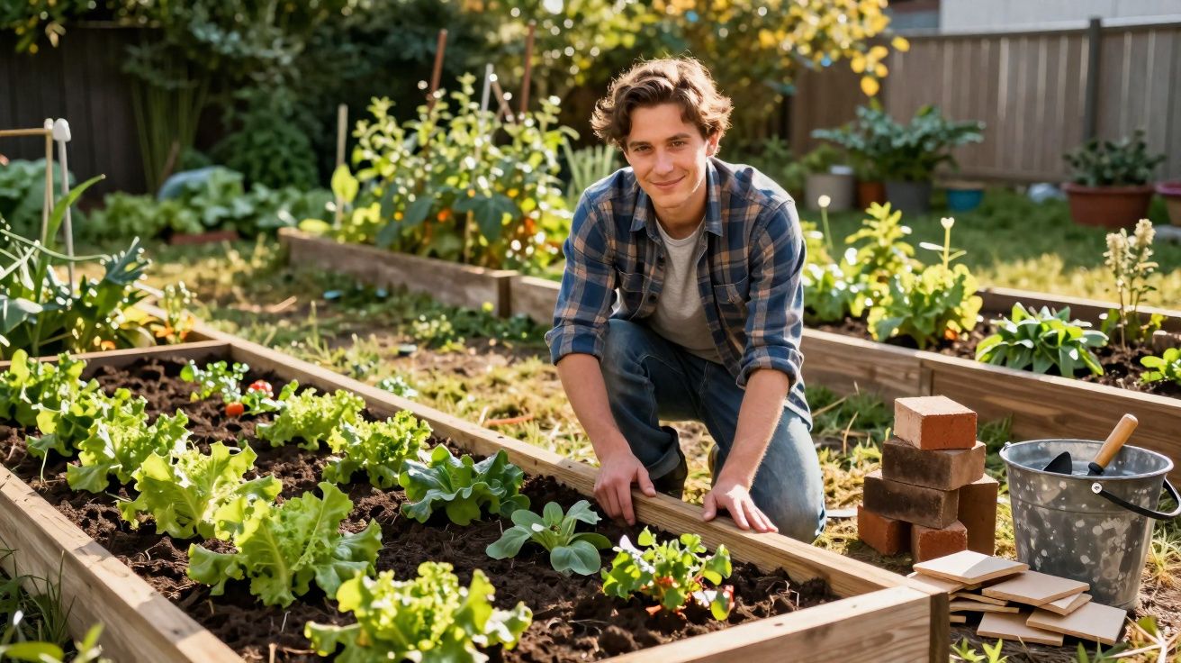 Jovem a cuidar de uma horta com canteiros de legumes e verduras num jardim ao ar livre.