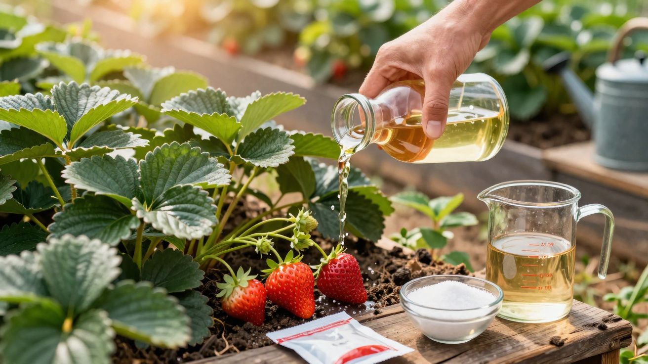 Pessoa a regar plantas de morango com líquido transparente em estufa, com frascos e produtos ao lado.