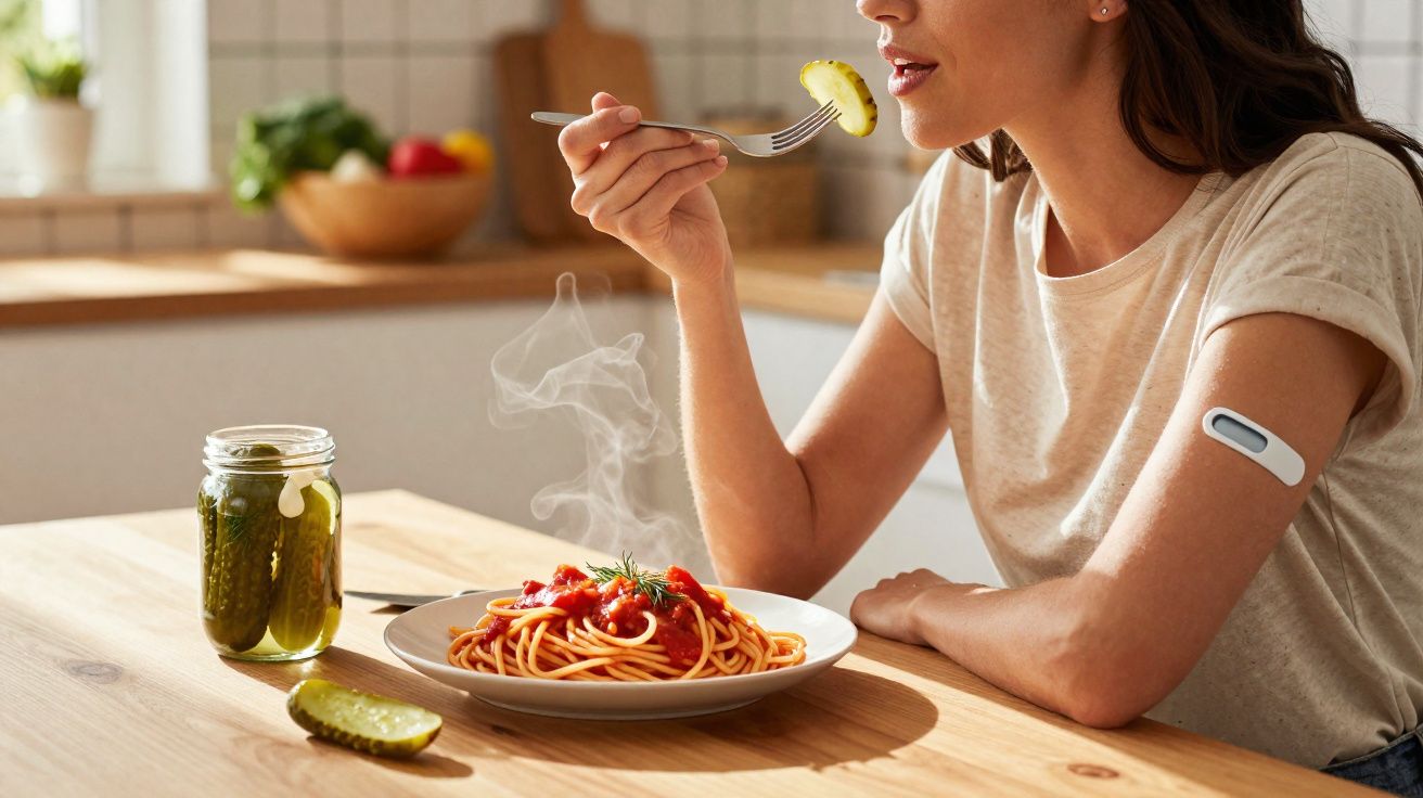 Pessoa com dispositivo de medição no braço comendo esparguete com molho de tomate numa cozinha.