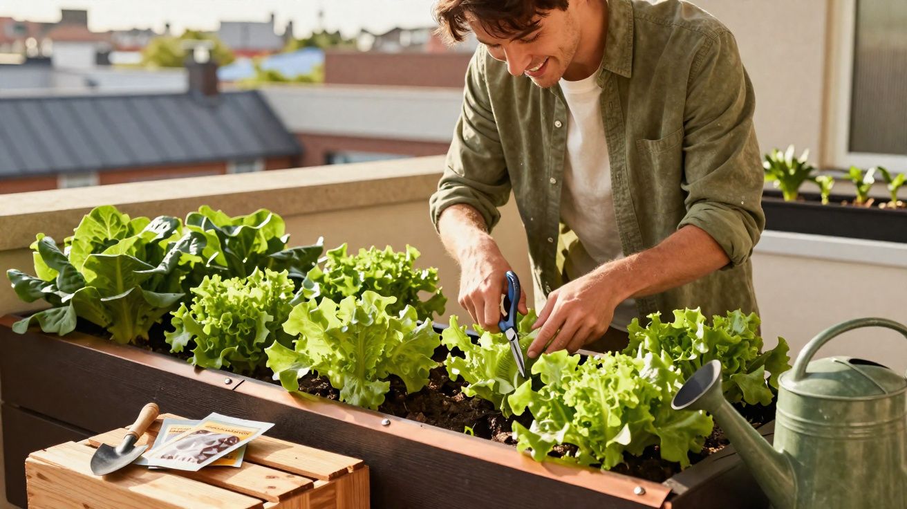 Jovem a cuidar de alfaces e outras hortaliças numa horta urbana em vaso no terraço de um apartamento.