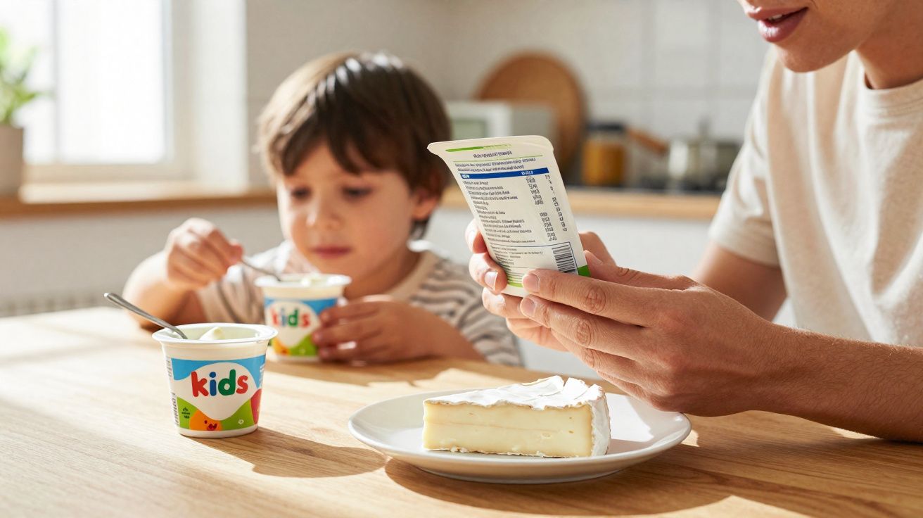 Criança a comer iogurte kids, adulto lê rótulo de produto na cozinha luminosa com queijo cremoso.