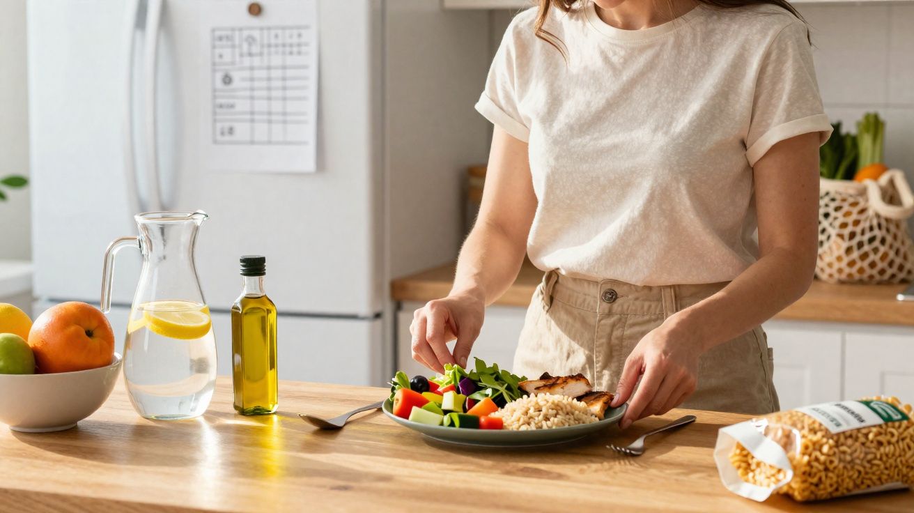 Pessoa a preparar prato com salada, arroz e carne numa cozinha moderna iluminada.