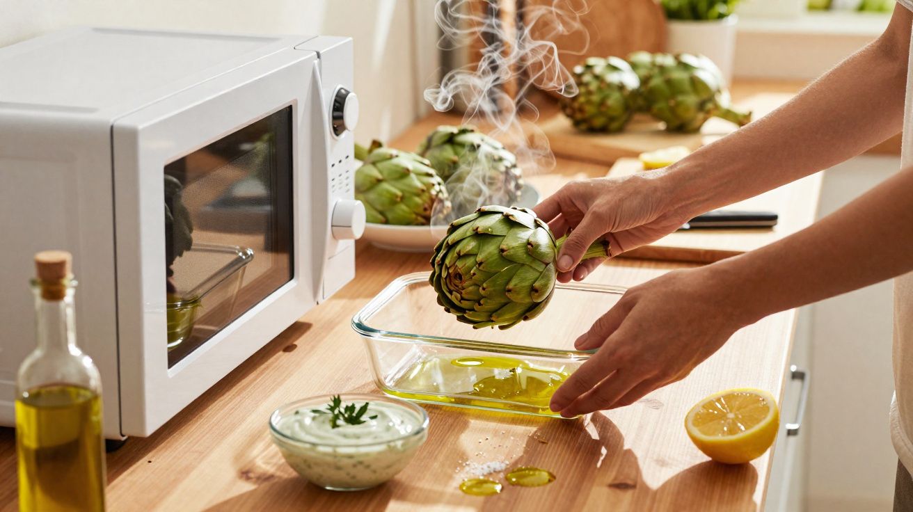 Mãos a preparar alcachofras num tabuleiro com azeite, limão cortado e molho numa cozinha iluminada.