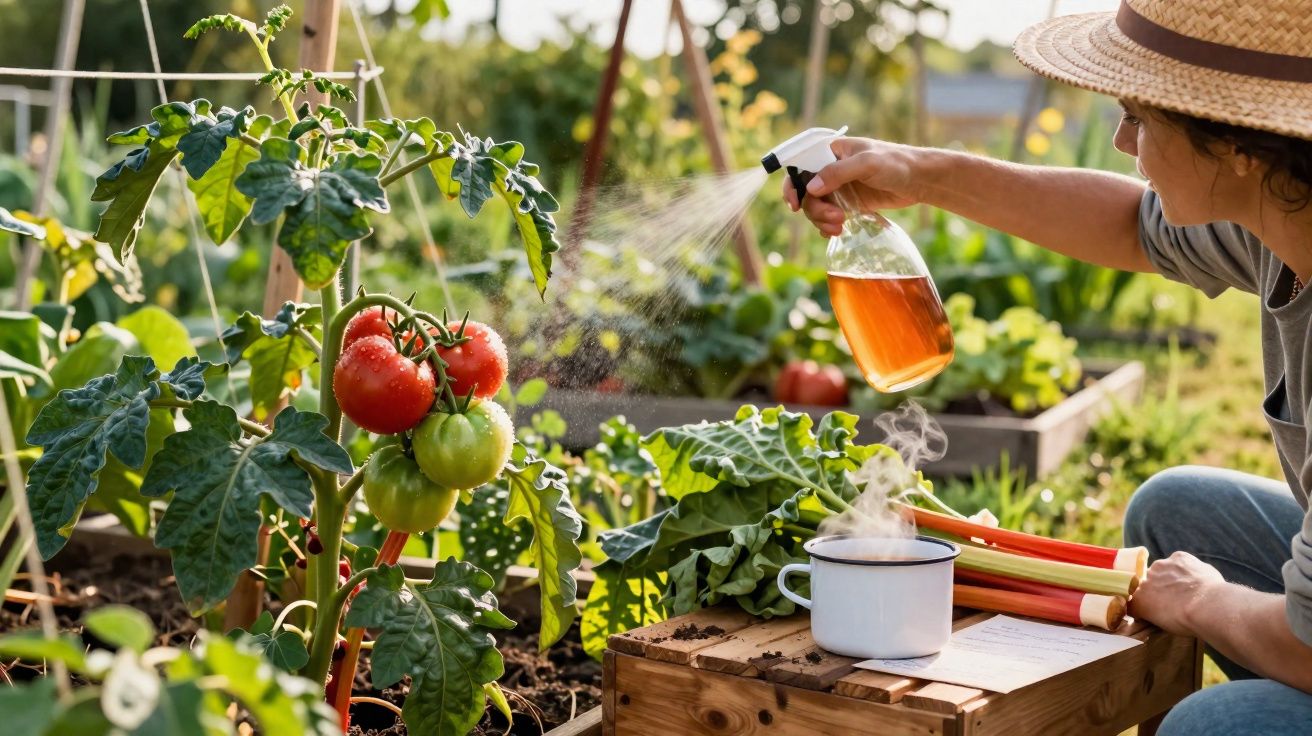 Pessoa a pulverizar plantas num jardim, com tomateiras vermelhas e verdes e uma panela a ferver numa caixa de madeira.