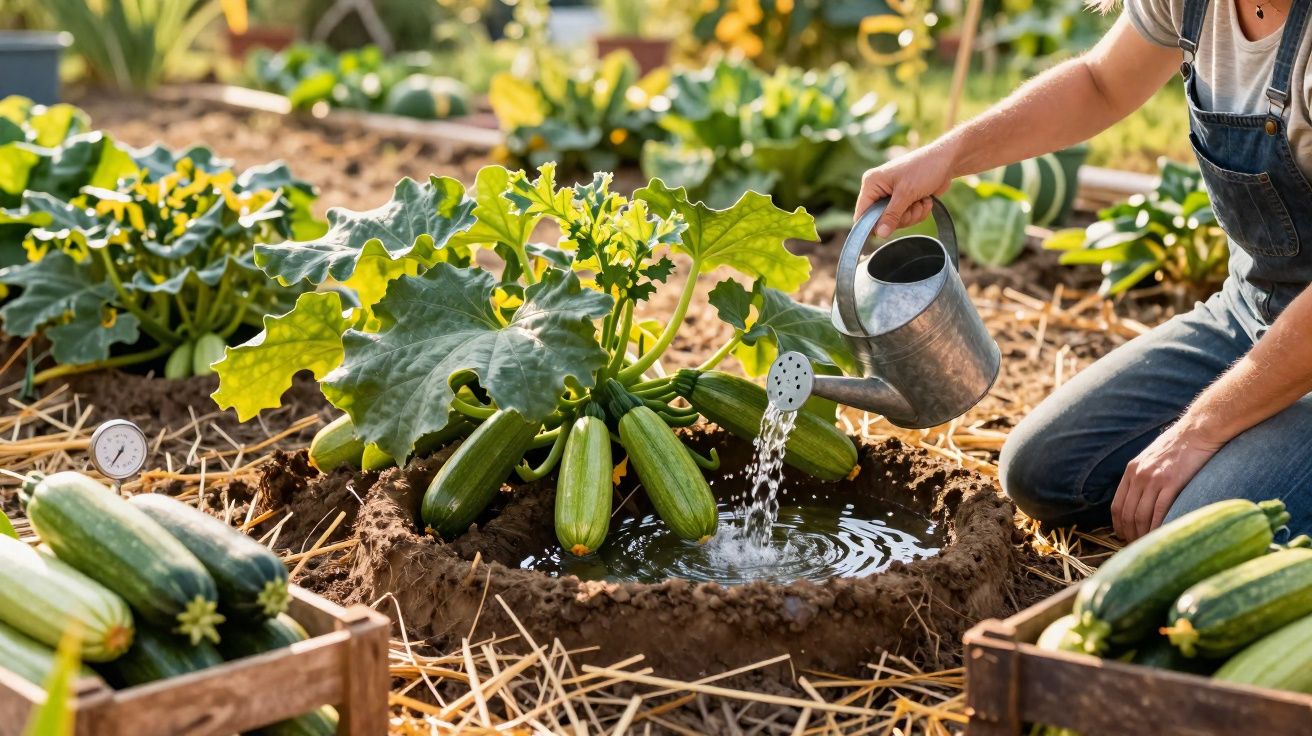 Pessoa a regar plantas de curgetes cultivadas em canteiro de jardim com regador metálico.