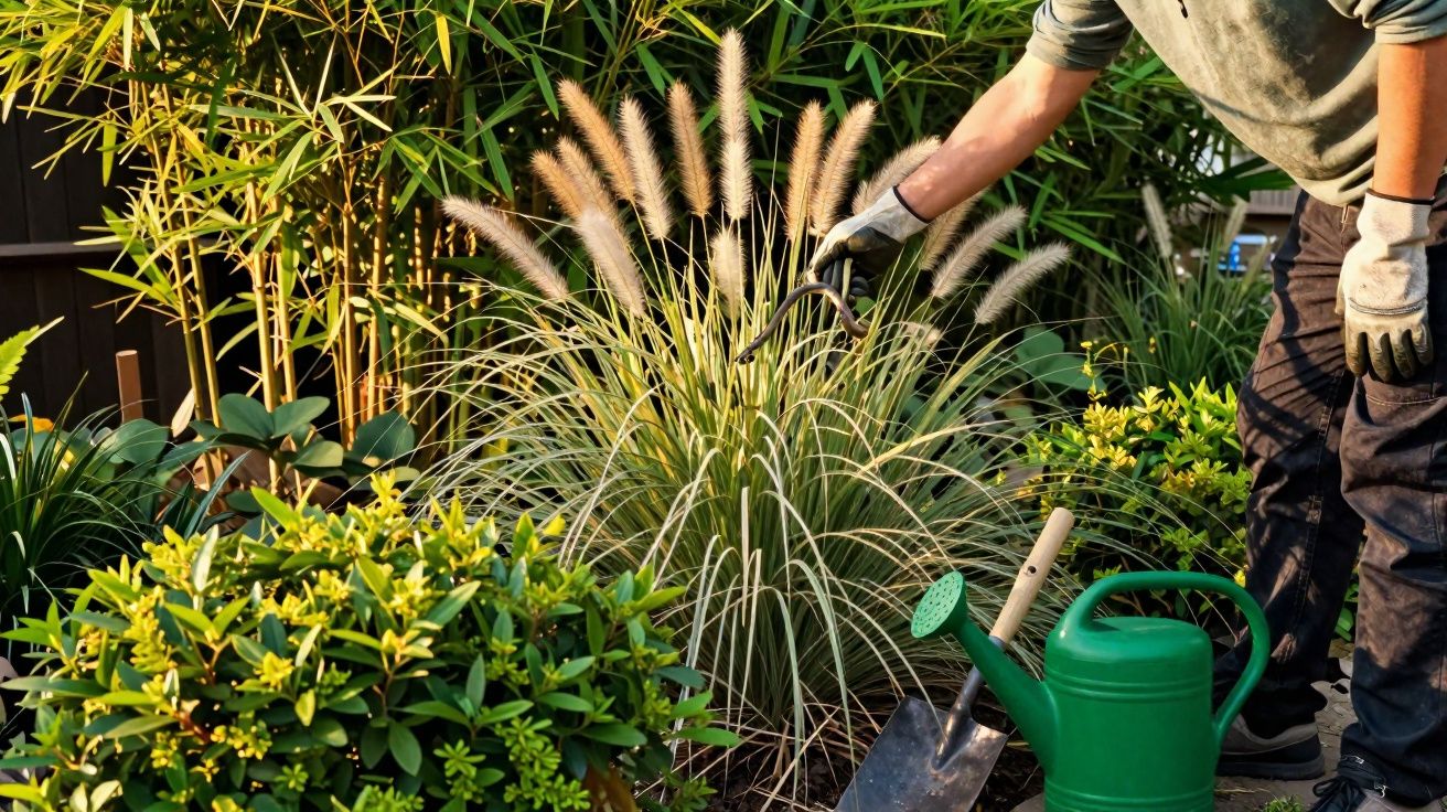 Pessoa a cuidar de plantas num jardim com regador, pá e luvas, rodeada de vegetação verde.