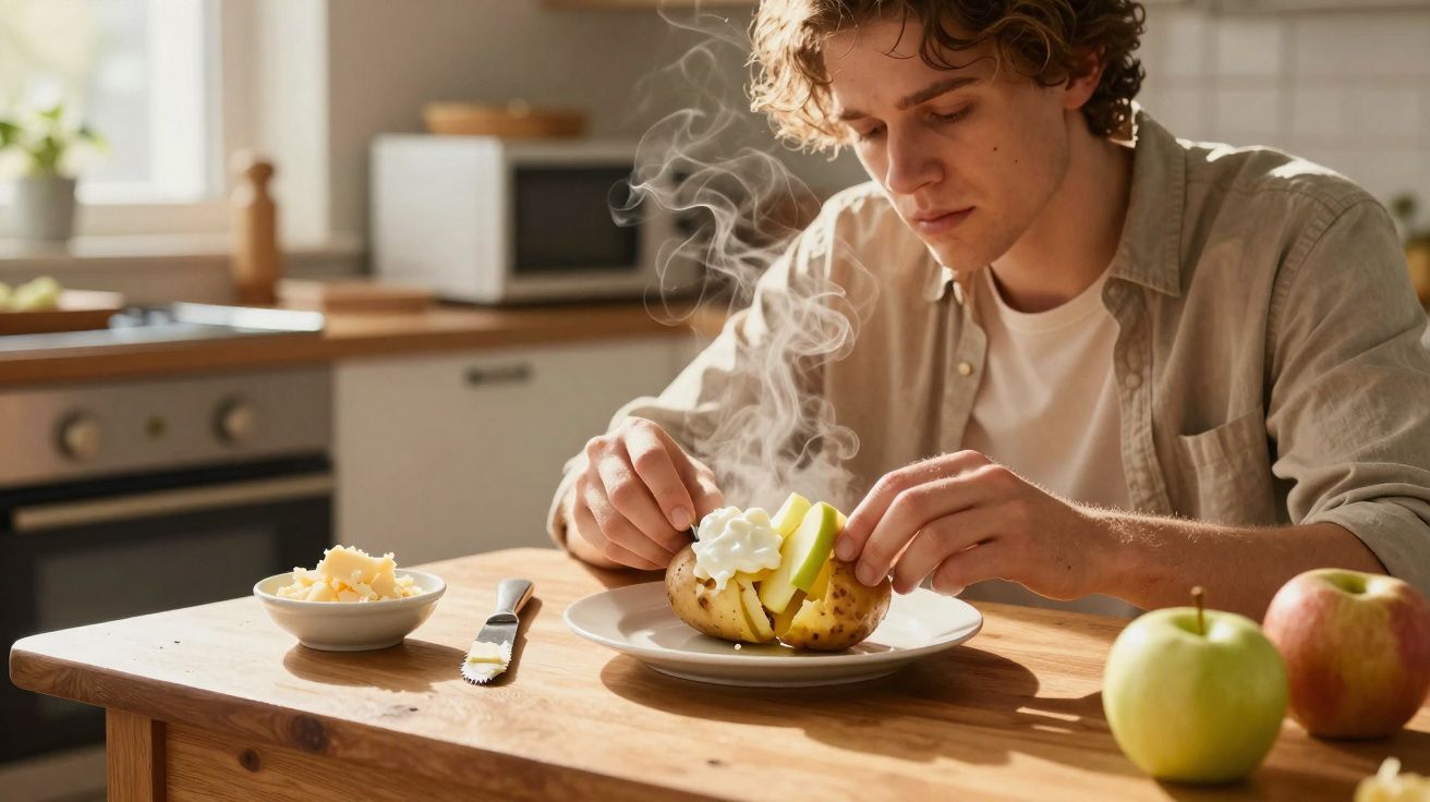 Jovem a decorar batata quente com natas e fatias de maçã numa cozinha luminosa.