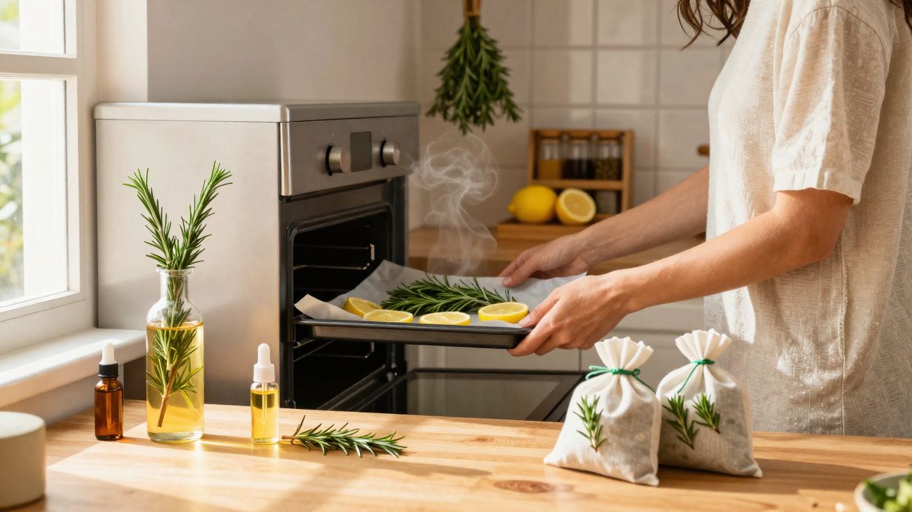 Pessoa a colocar tabuleiro com alecrim e limão num forno numa cozinha luminosa com aromas naturais.