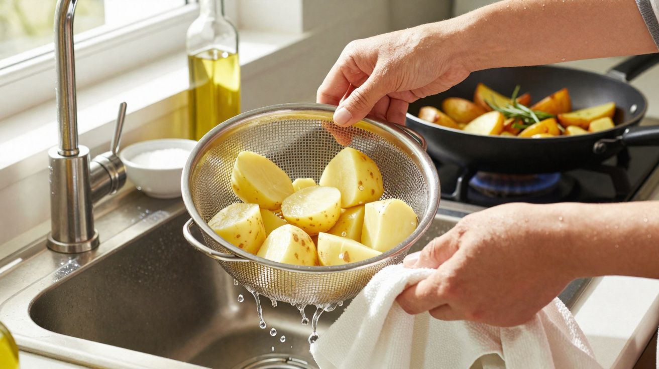 Mãos a escorrer batatas cortadas num passador sobre a pia, com frigideira a cozinhar batatas ao fundo.