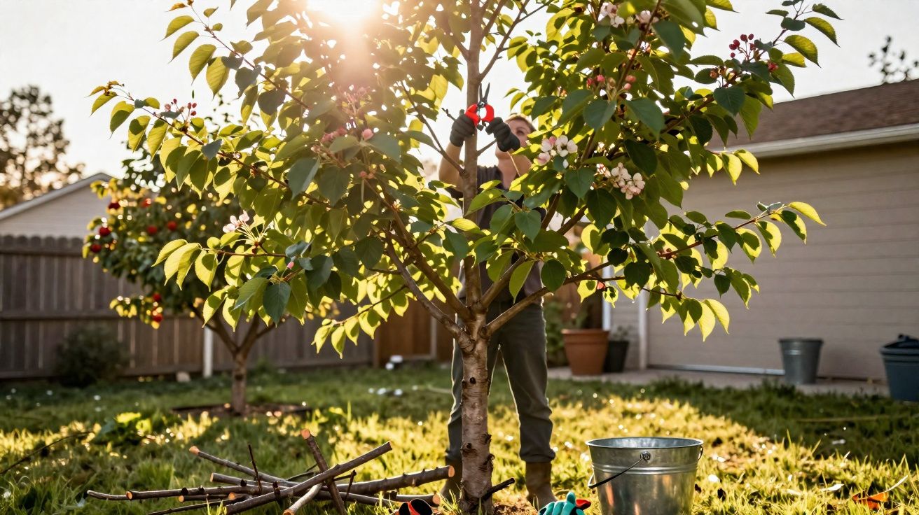Pessoa a podar árvore com tesoura de poda num jardim ensolarado ao entardecer.