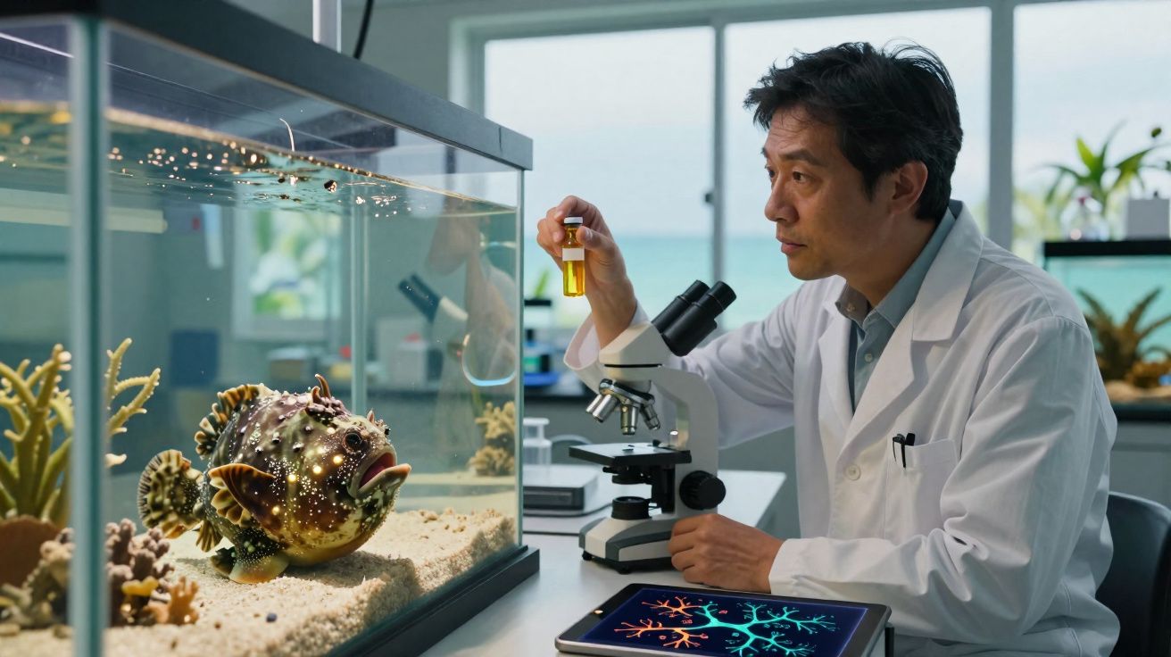 Cientista a analisar amostra em laboratório com aquário contendo peixe exótico e tablet ao lado.