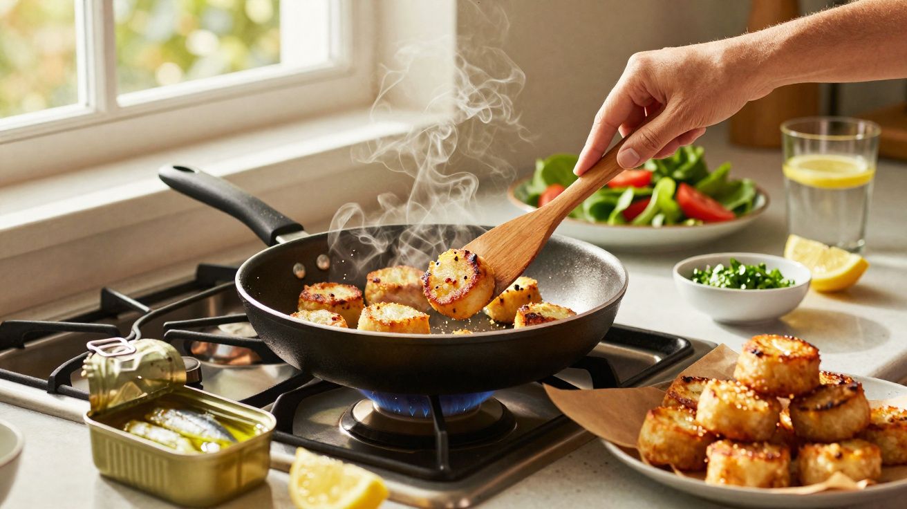Frango grelhado a cozinhar numa frigideira com uma mão a virar as peças com uma espátula de madeira.