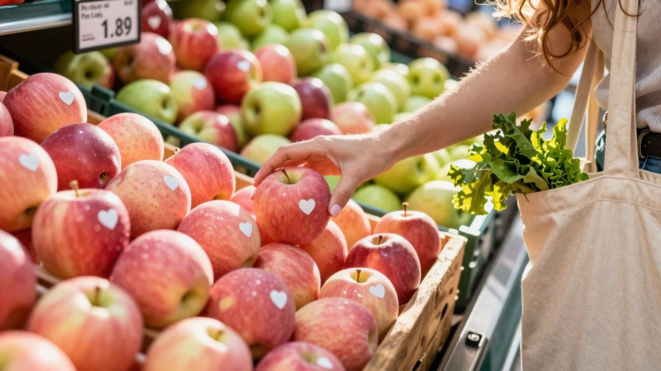 Pessoa a escolher maçã vermelha com autocolante de coração num supermercado, com sacola de pano e legumes.