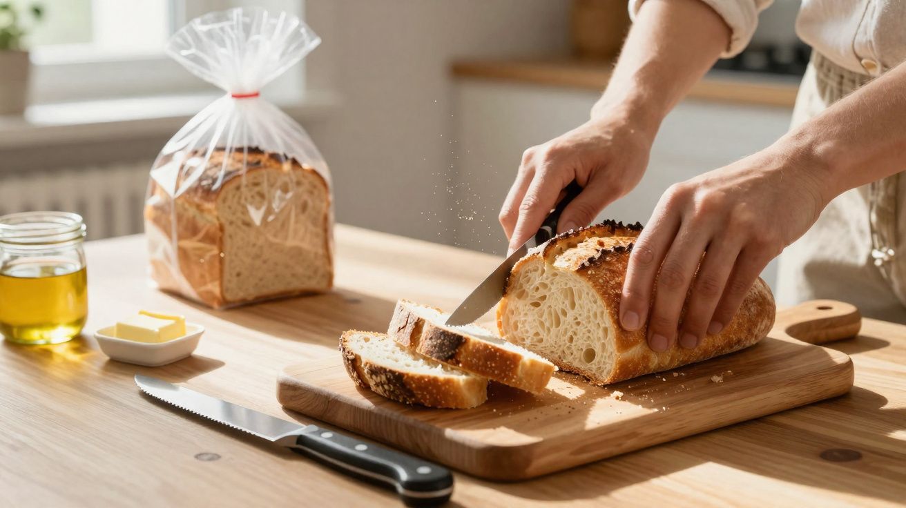 Pessoa a cortar pão fresco em tábua de madeira numa cozinha iluminada naturalmente.