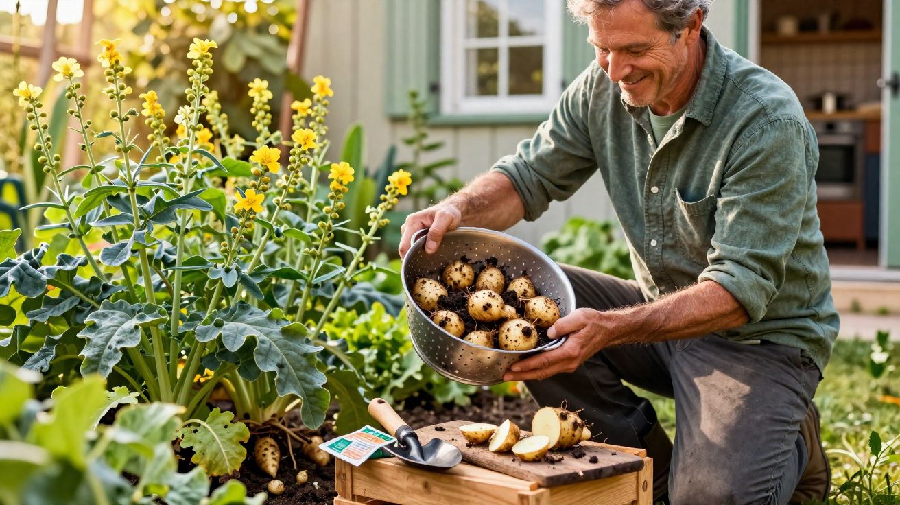 Homem a colher batatas no jardim com plantas e flores amarelas ao fundo.