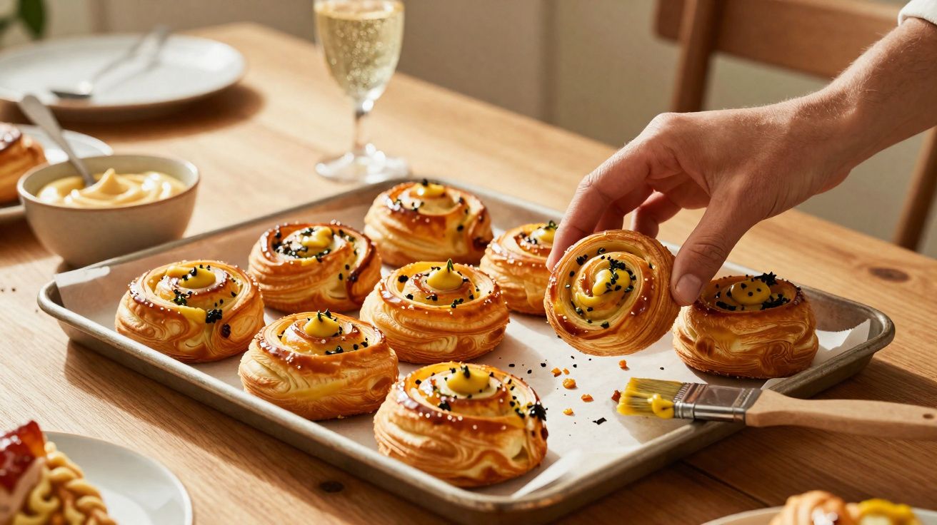 Tabuleiro com folhados recheados e uma mão a pegar um, sobre mesa de madeira com copo de bebida e utensílios.