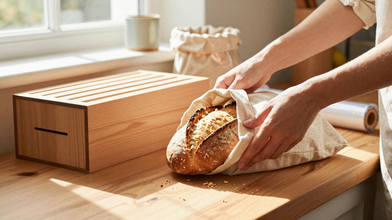 Pessoa a guardar pão caseiro num saco de pano sobre uma mesa de madeira clara, ao lado de uma caixa para pão.