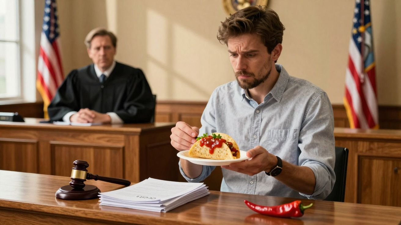 Homem sentado na sala de tribunal a segurar um taco com sabor grave, juiz ao fundo e pimenta na mesa.