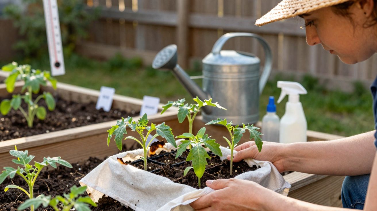 Pessoa a transplantar mudas de tomate para canteiro elevado num jardim doméstico.
