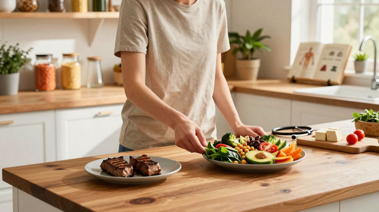 Pessoa a preparar prato saudável com legumes frescos na cozinha iluminada por luz natural.
