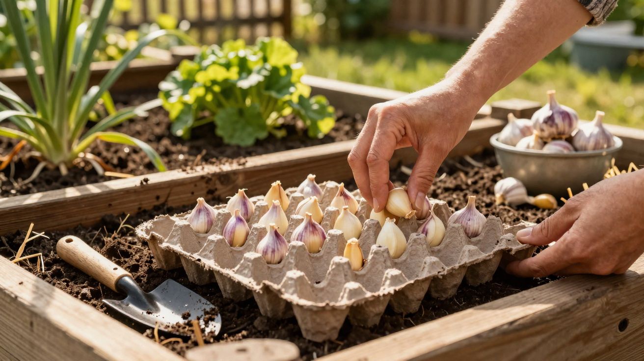 Mãos a plantar dentes de alho em tabuleiro sobre canteiro de madeira num jardim ensolarado.