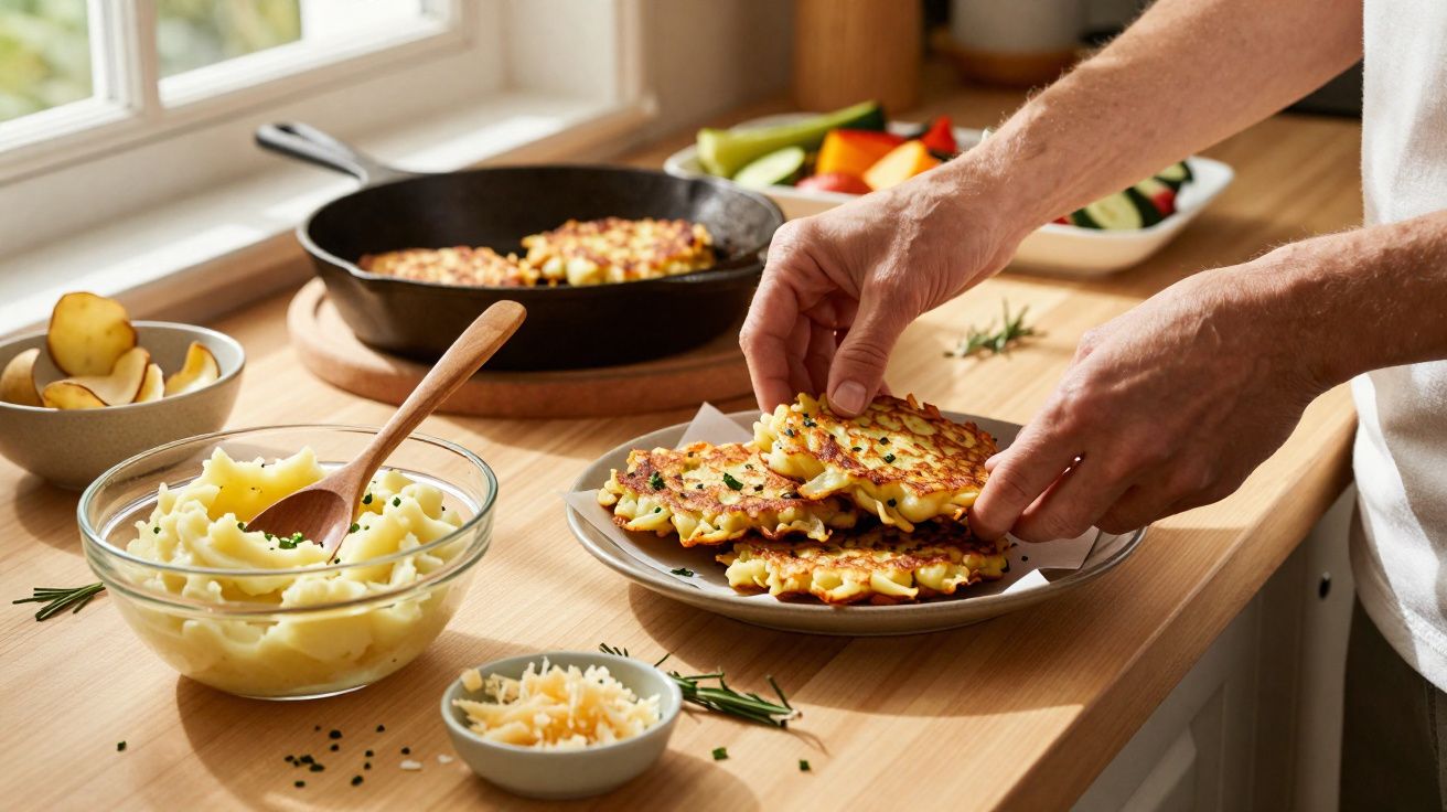 Mãos a colocar rabanadas salgadas frescas num prato com puré de batata, queijo e legumes ao fundo.