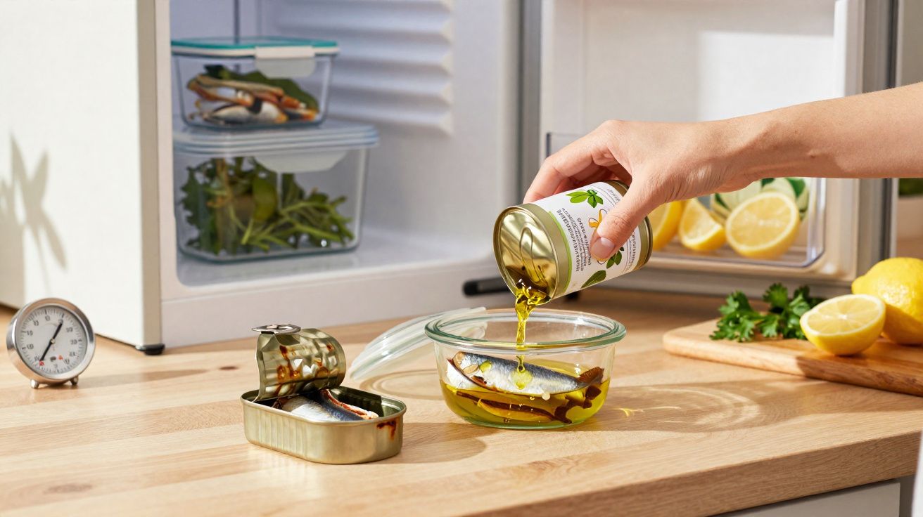 Mão a deitar azeite sobre peixe em prato de vidro, com lata de sardinhas aberta e limões na bancada de cozinha.