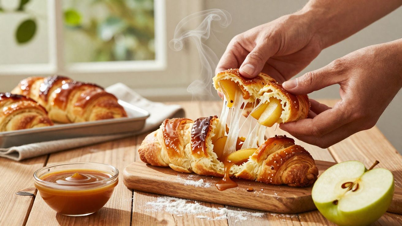 Mãos a partir ao meio um croissant recheado com maçã e queijo, com molho caramelo e maçã verde ao lado.