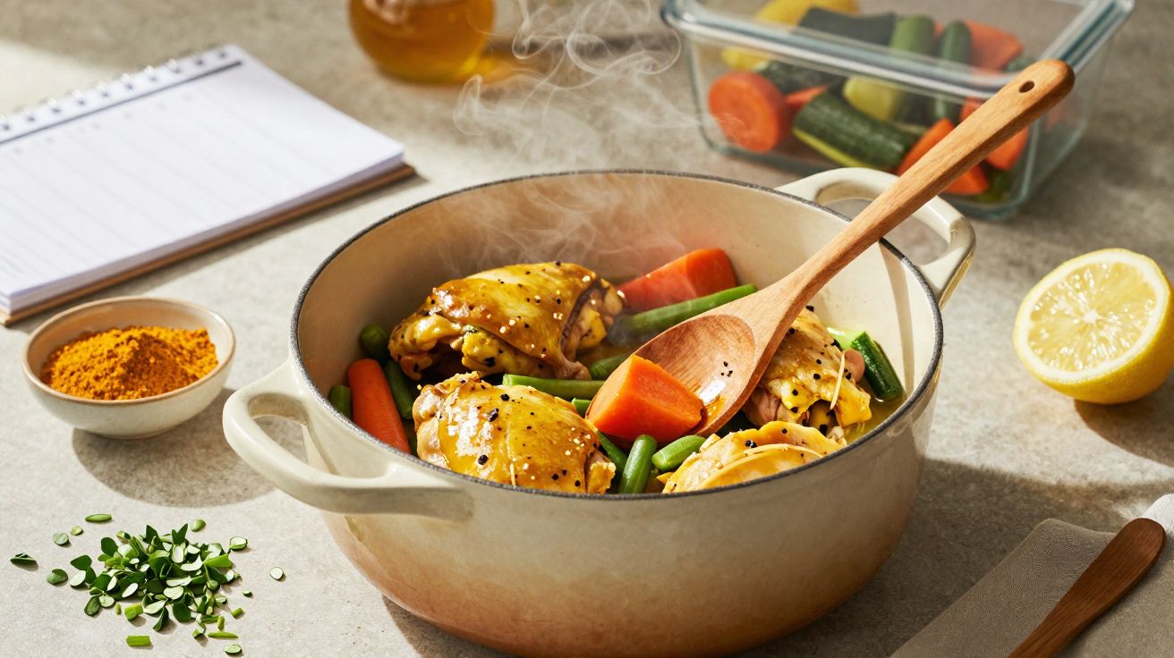 Panela com frango, cenoura, feijão-verde e especiarias, com vapor a sair e colher de pau dentro.