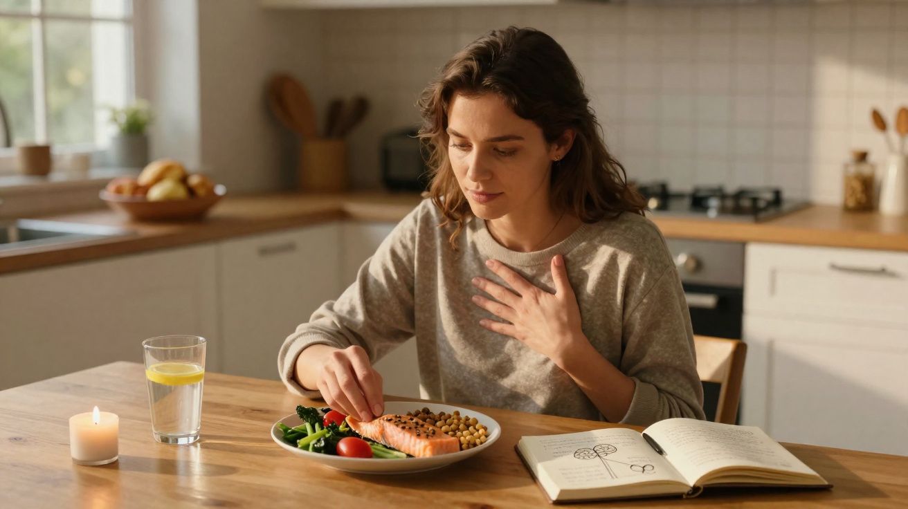 Mulher sentada à mesa de cozinha, comendo salmão e legumes, com vela acesa e livro aberto ao lado.