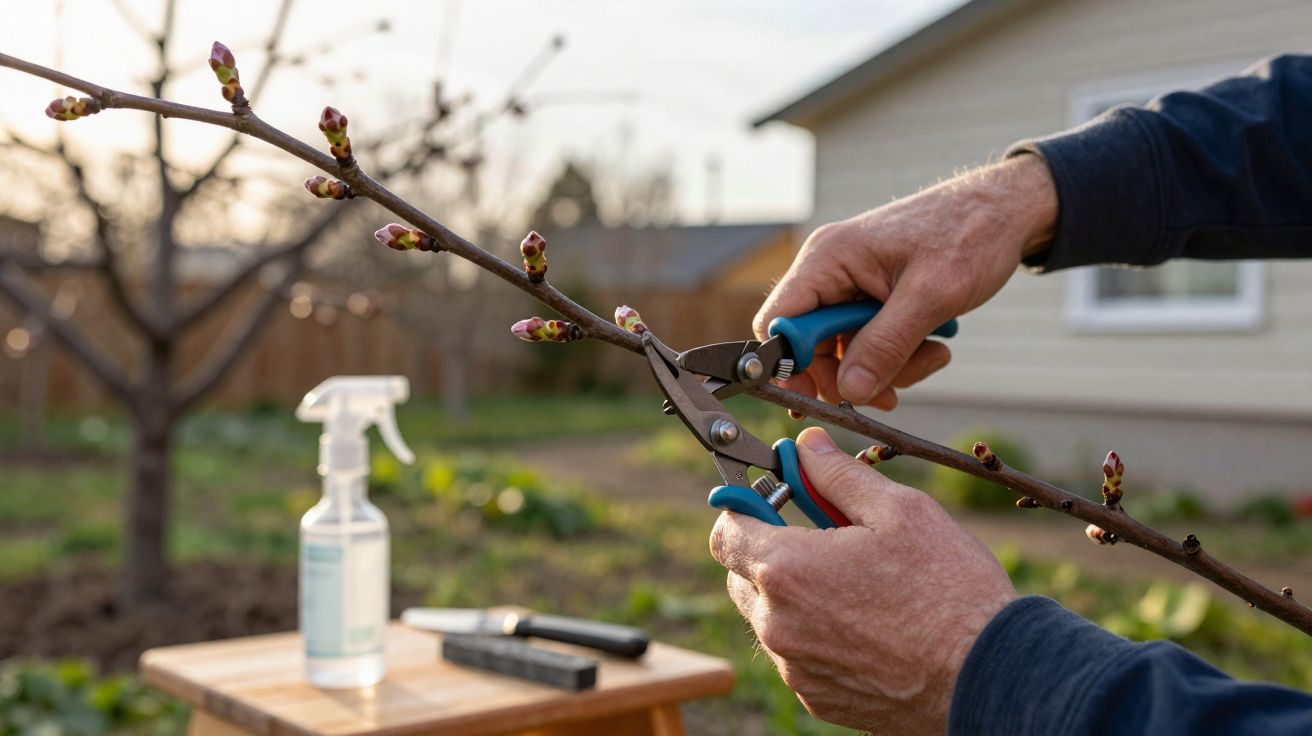 Pessoa a podar ramo de árvore com tesoura de jardinagem num jardim ao entardecer.